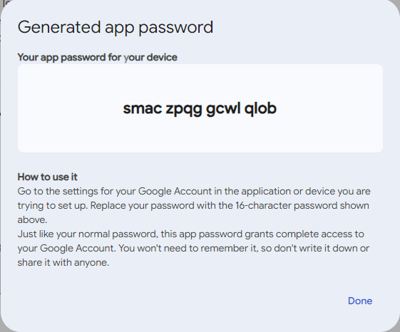 16-character app password code