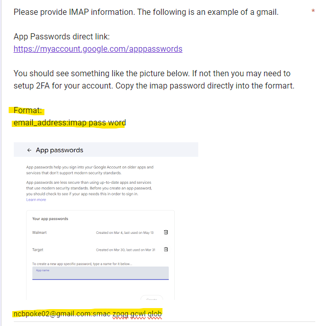 Entering IMAP credentials in the form